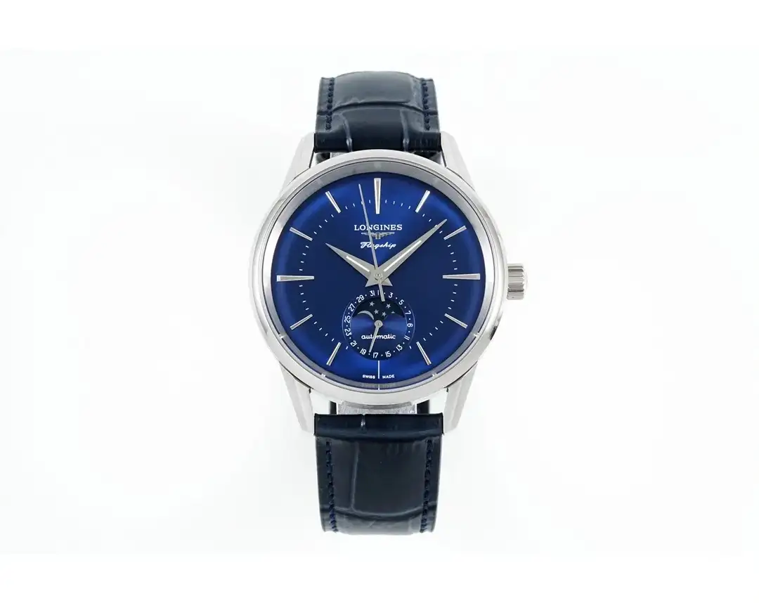 Longines Classic Flagship Blue Dial Moon Phase Automatic Watch with Leather Strap