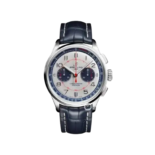 Breitling Premier B01 Chronograph Watch Blue and White Dial Leather Strap 42mm Stainless Steel Case