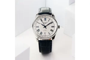 Longines Master Collection GMT Watch   White Dial with Blue Hands  40mm Stainless Steel Case  Italian Grey Leather Strap